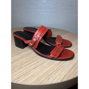 Coach Women's Leather Slide Sandal Block Heels Open Toe Buckle Straps Red  Y2K